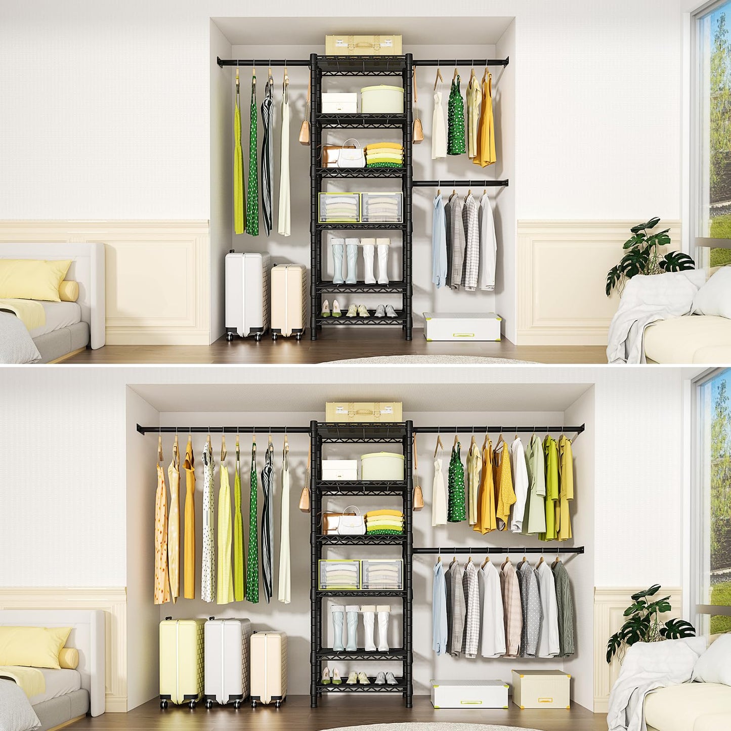 Ulif M5 Wall Mounted Clothes Garment Rack, Heavy Duty Closet Storage and Organizer System with 6 Shelves and 3 Expandable Hanger Rods