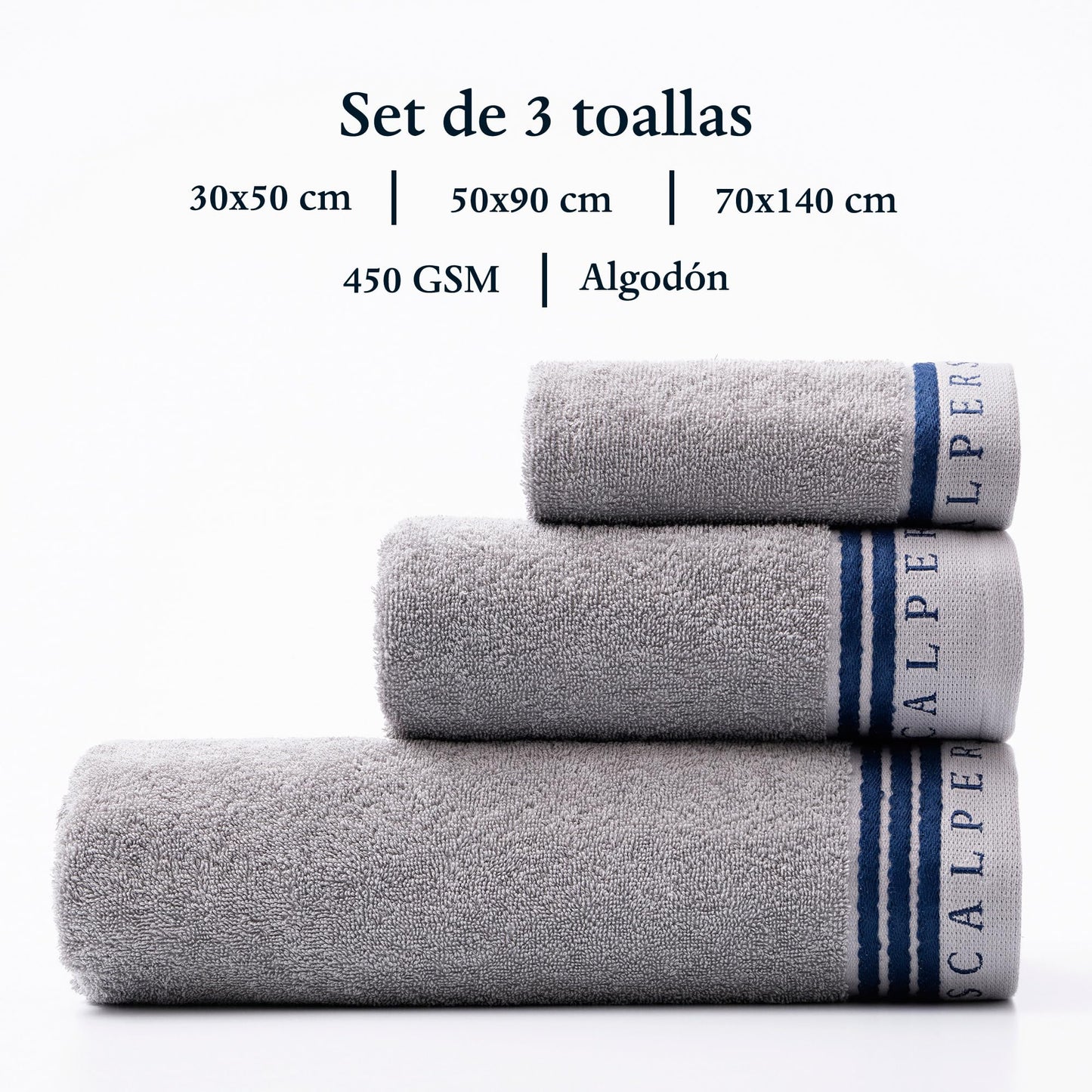 Scalpers Home Bath Towel Set (Vanity 30 x 50 cm + Hands 50 x 90 cm + Bath 70 x 140 cm) 450 GSM Cotton Grey with Blue Home