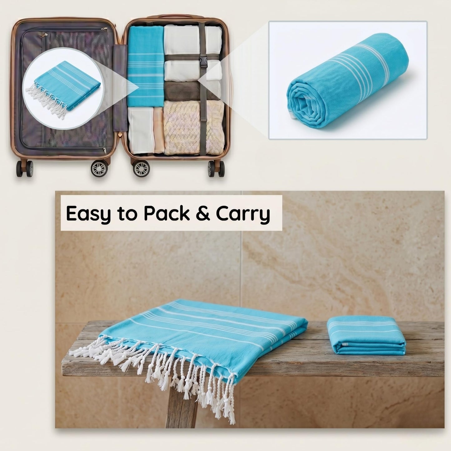 Blue Beach Turkish Towel - Set of 2-100x180cm Large Turkish Hammam Peshtemal Towel - Super Absorbent, Quick Dry, Lightweight