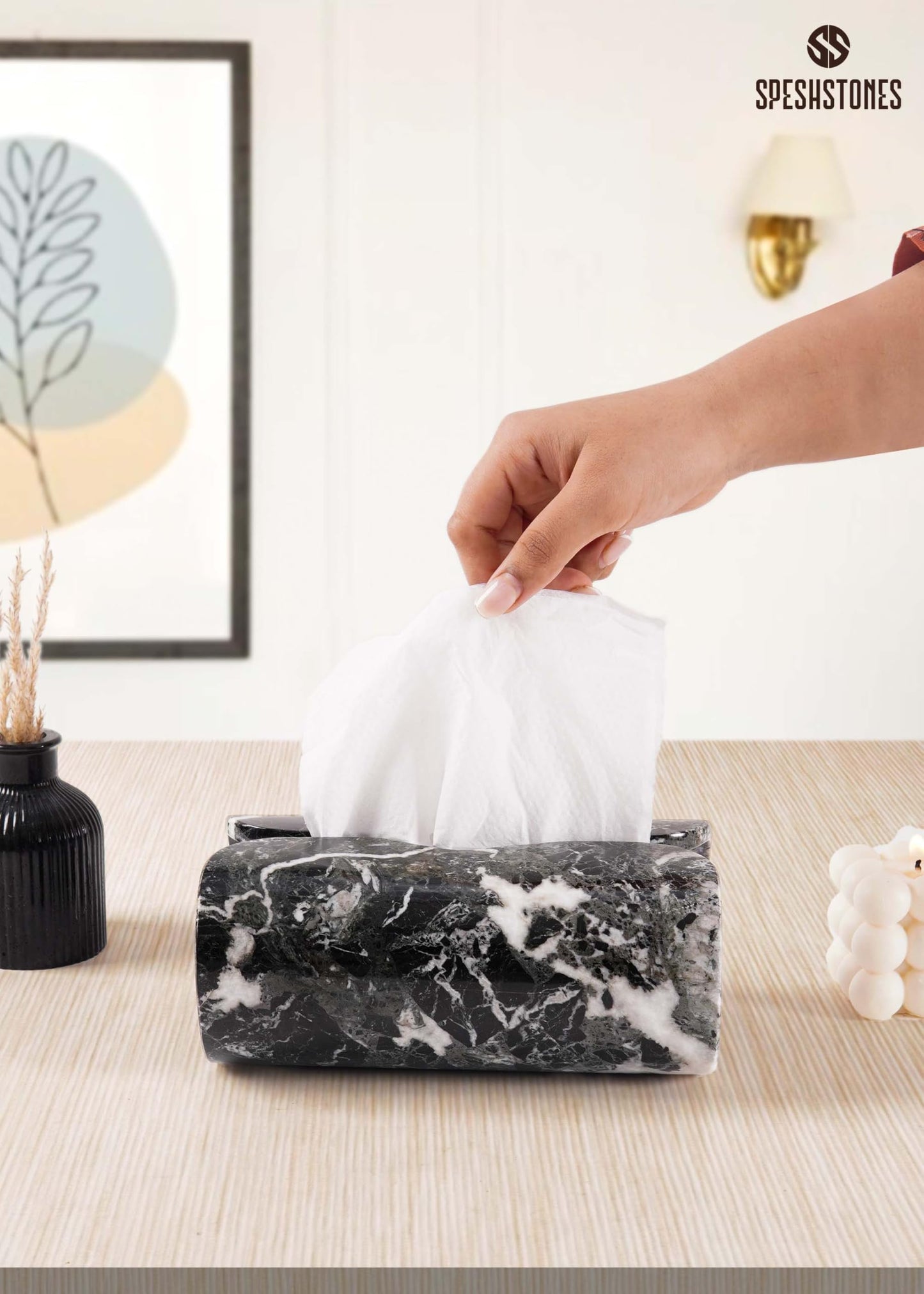 SPESHSTONES Marble Tissue Box Cover 7.5 Inch Rectangle Black Stone Holder for Facial Tissues and Paper Napkin