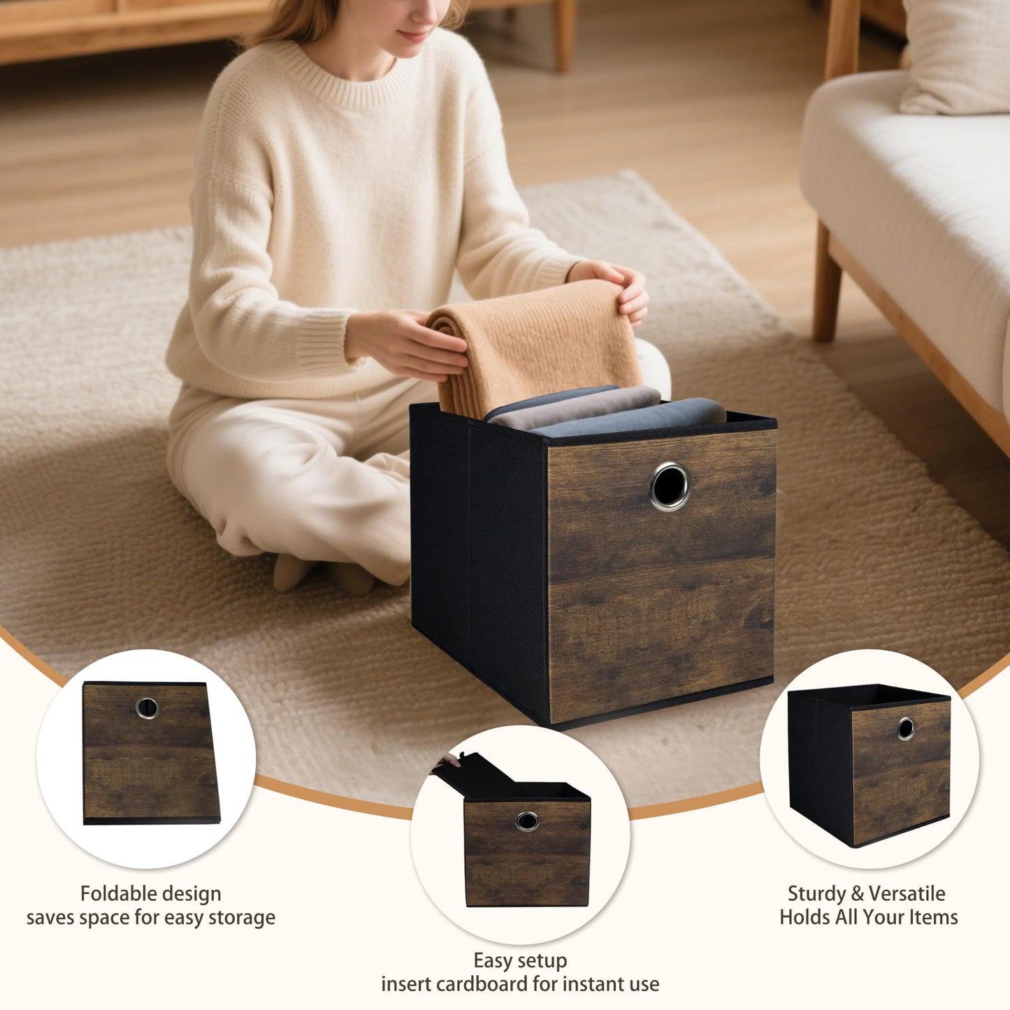 4 Pack Durable Storage Cube Box with Wood Grain,Decorative Thickened Fabric Storage Basket,Space Saving Foldable Cube Bins for Open