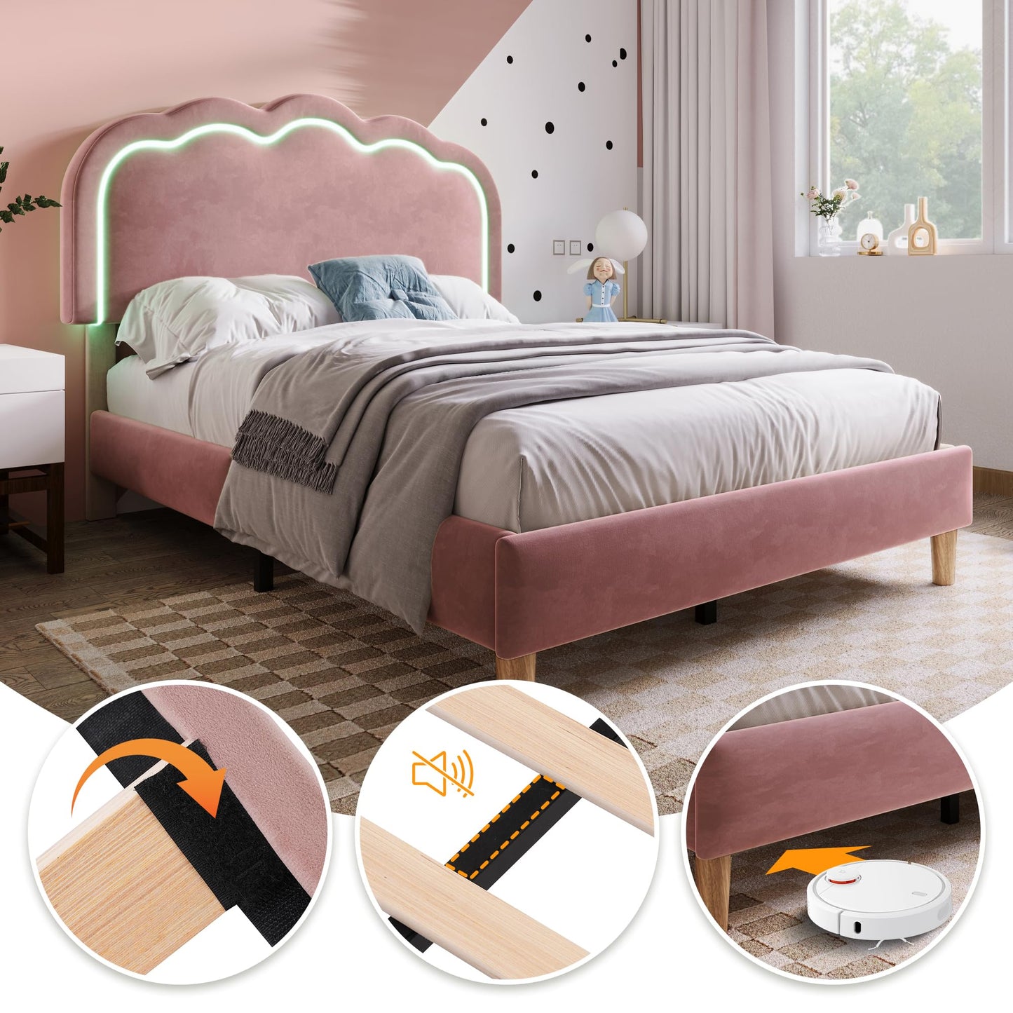 Merax Single bed frame, 3ft Single Upholstered Bed, Adjustable Height Puff Shaped LED Headboard, Sturdy Wooden Slat Support, Velvet Fabric