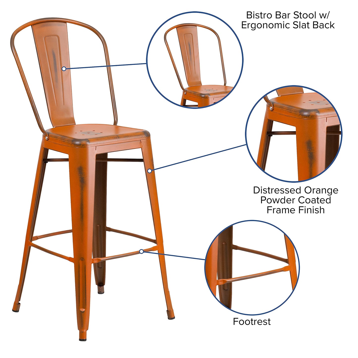 Flash Furniture Blake Commercial Grade 4 Pack 30" High Distressed Orange Metal Indoor-Outdoor Barstool with Back