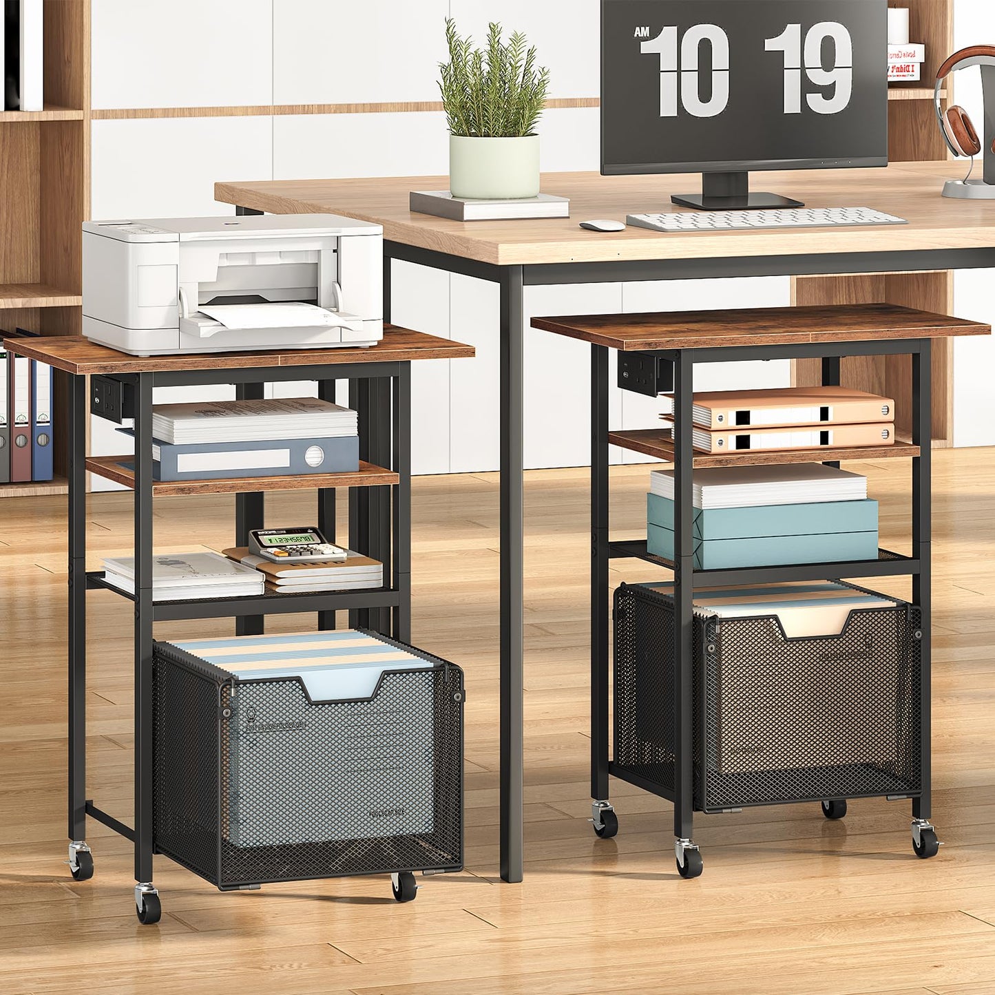HOOBRO Printer Stand with Charging Station, Rolling Printer Table with File Drawer, 4-Tier Mobile Printer Cart with AC Outlet, Type-C & USB-A Ports