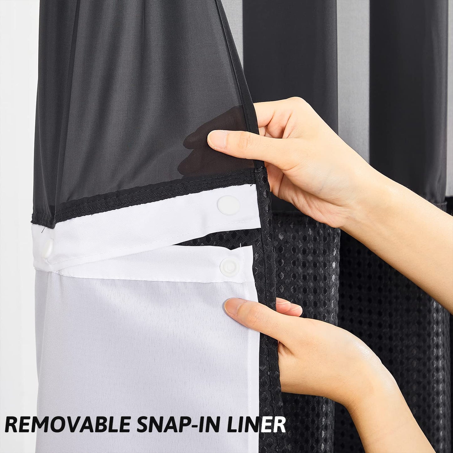 Furlinic Shower Curtain Hookless Black Jacquard Waffle Fabric 75inch Long Weighted Anti Mould with White Polyester Snap in Liner and Mesh Curtains