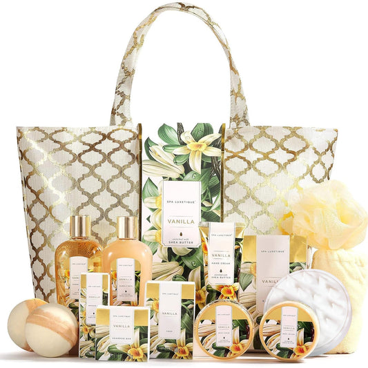 Spa Luxetique Bath Sets for Women Gift, 15pcs Vanilla Spa Gift Sets with Bubble Bath, Body Scrub, Pamper Gifts for Women, Mothers Day Gift for Mum,