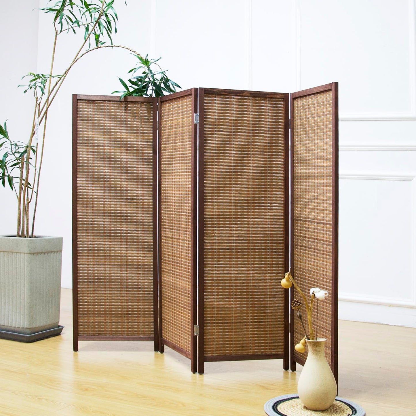 Furnnylane 4 Panel Bamboo Room Divider Short Folding Screen Divider,Double Sided Bamboo Divider Screen for Room Separation,Brown,120 cm H x 156 cm W