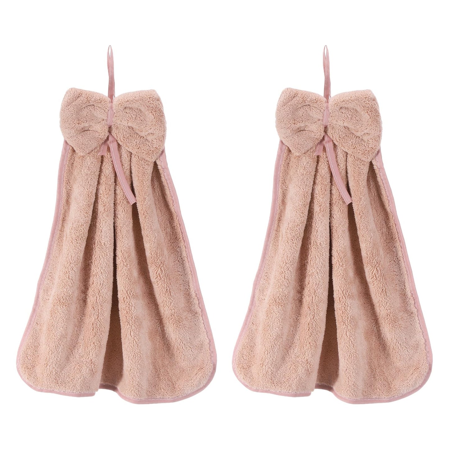 sourcing map 2Pcs Bow Hand Towels with Hanging Loop, 14.2" x 12.2" Soft Coral Fleece Microfiber Bowknot Hanging Hand Dry Towels Quick Dry and