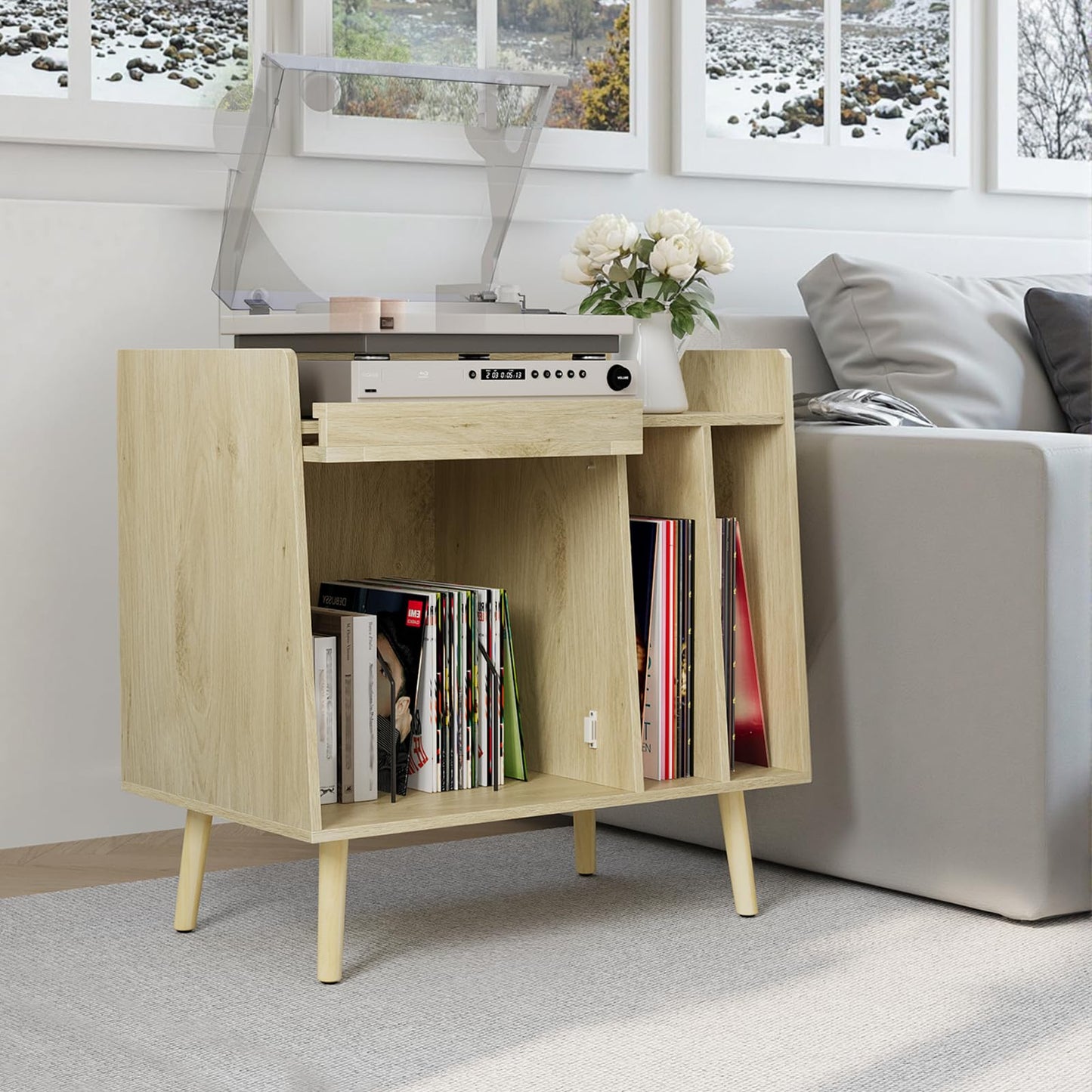Kiasthome Record Player Stand, Vinyl Record Storage Cabinet Up to 150 Albums, Mid-Century Modern Turntable Side Table with Rattan Door & Solid Wood