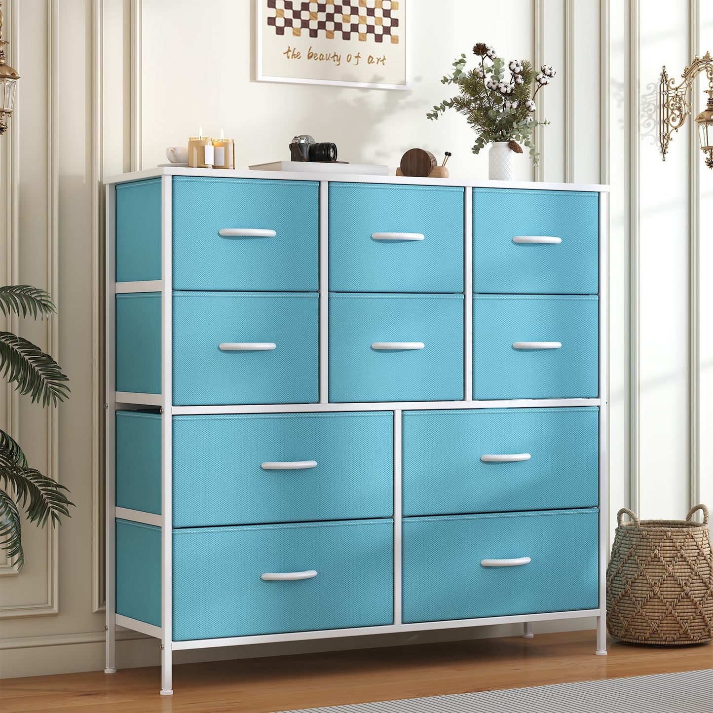 Feonase Chest of Drawers, Bedroom Tall Dresser with 10 Fabric Drawers, Metal Frame & MDF Wood Top, Adjustable Feet