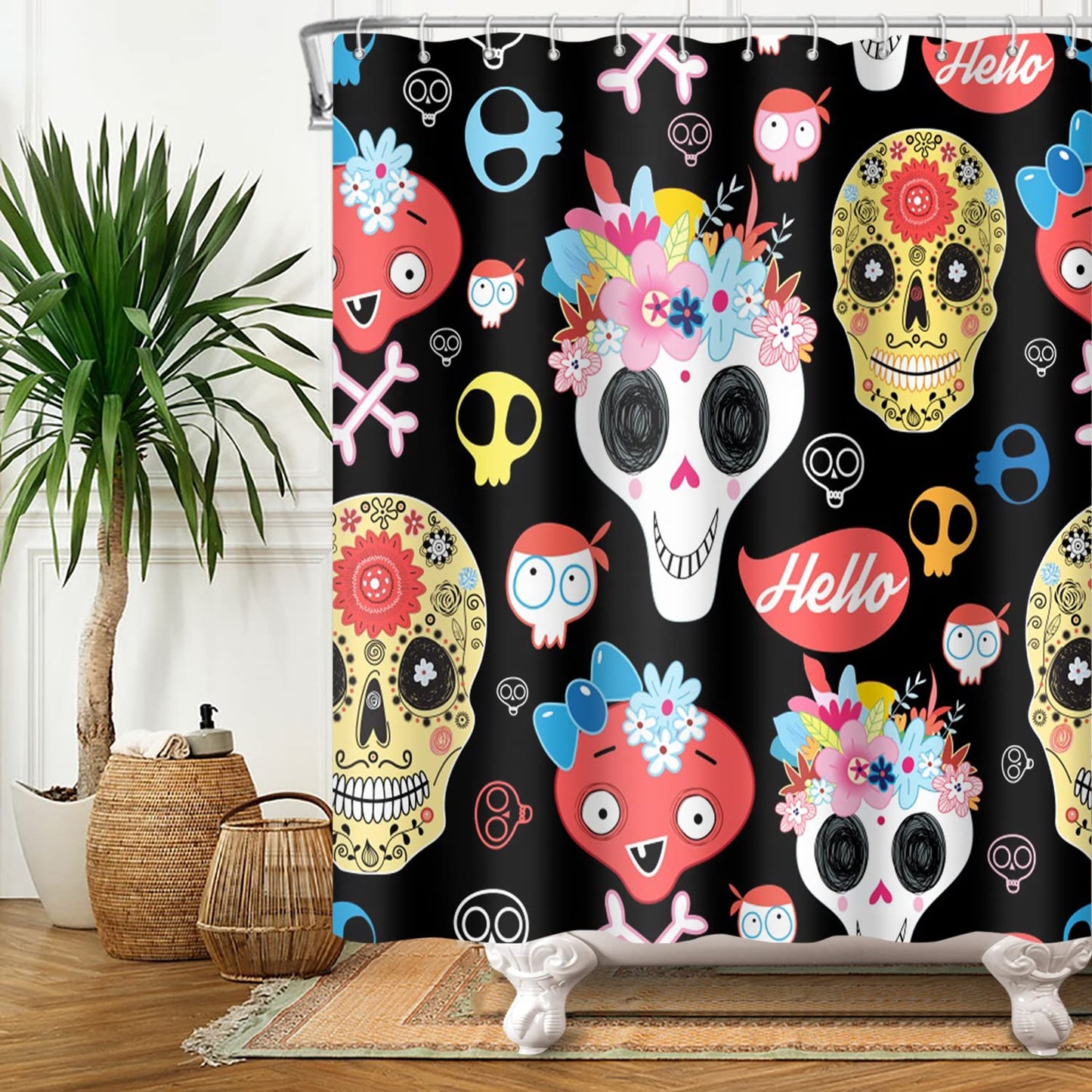 SDOTPMT 122x183cm Gothic Sugar Skull Shower Curtain Funny Cartoon Human Skeleton Flower Bath Curtain Day of The Dead Mexico Black Bathtub Curtain for