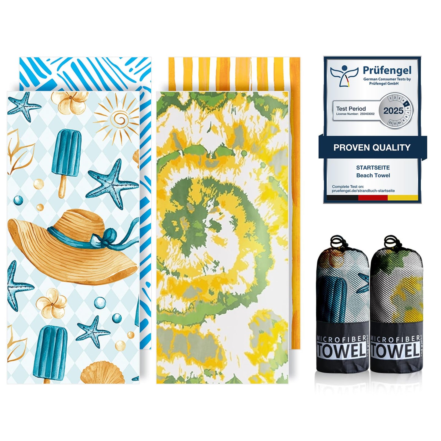 Microfibre Beach Towels for Adults - 200x90cm 2 Pack Extra Large Beach Towels in Gift Boxed, 250 GSM, Sand Free, Lightweight & Quick Dry Beach Towel