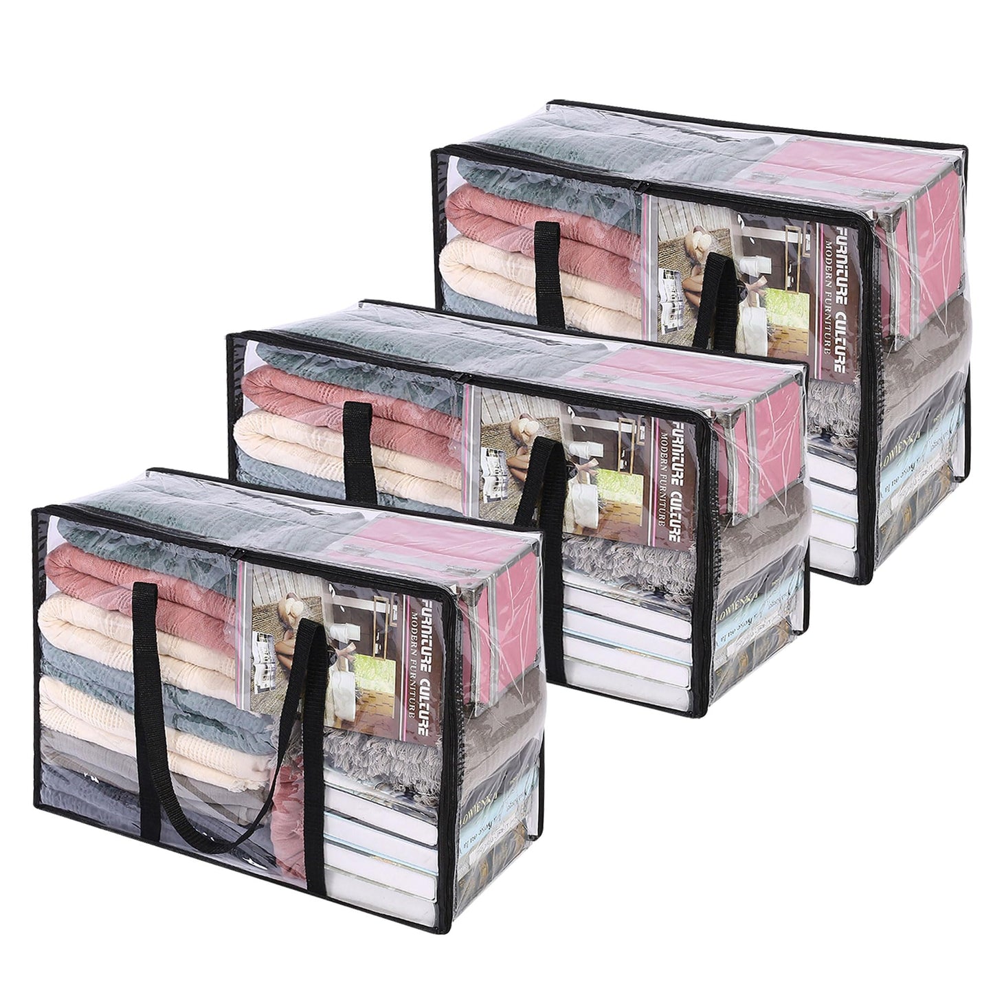 Vieshful 3 Pack Clear Comforter Storage Bag, 40L + 60L + 90L Clothes Storage Bag with Zipper Closet Organizer