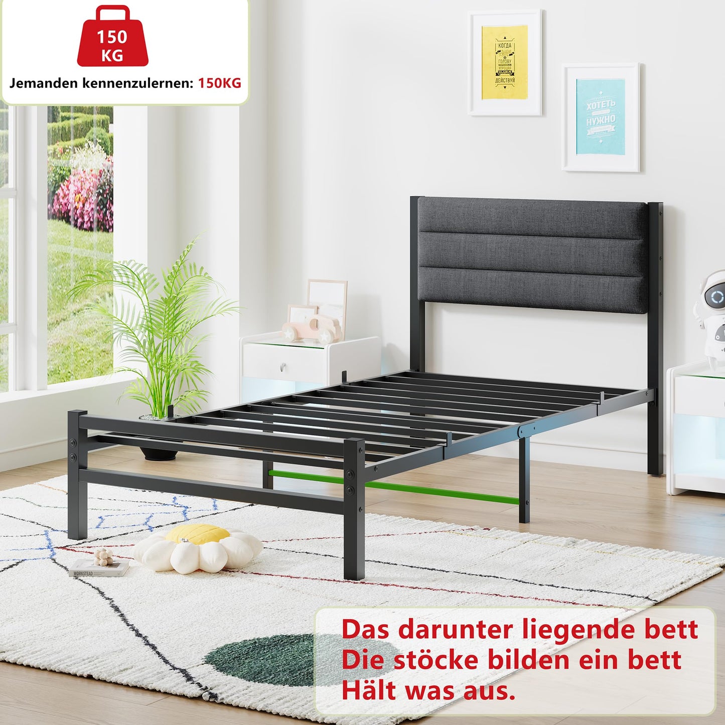 JUISSANO Upholstered Bed 90 x 200 cm Youth Bed Single Bed Metal Bed Frame Bed 90 x 200 cm with Metal Slatted Frame