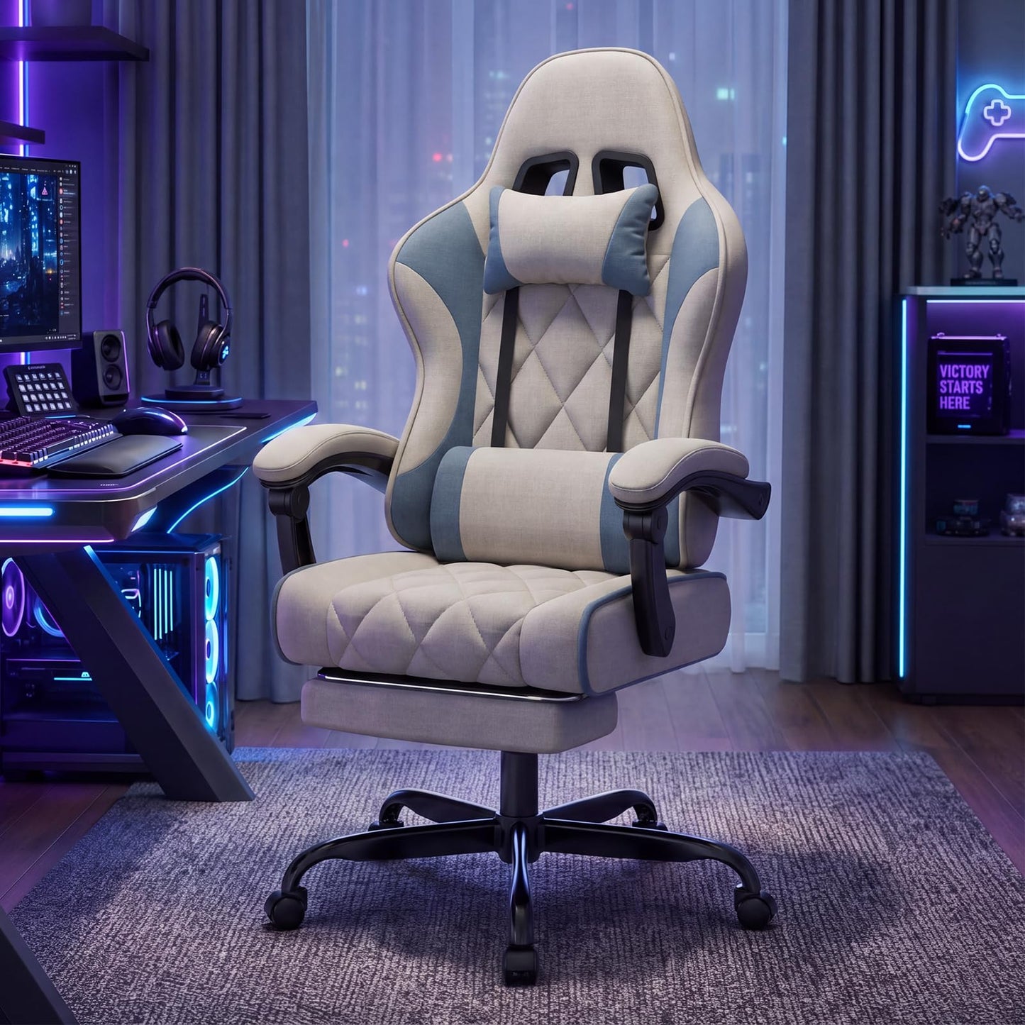 JUMMICO Fabric Gaming Chair with Footrest – Ergonomic Reclining Gamer Chair for Adults with Pocket Spring Cushion, Headrest & Massage Lumbar Support