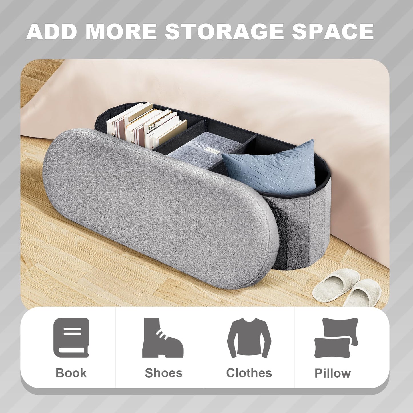PINPLUS Foldable Oval Ottoman Storage Bench, Grey, 110x38x38 cm