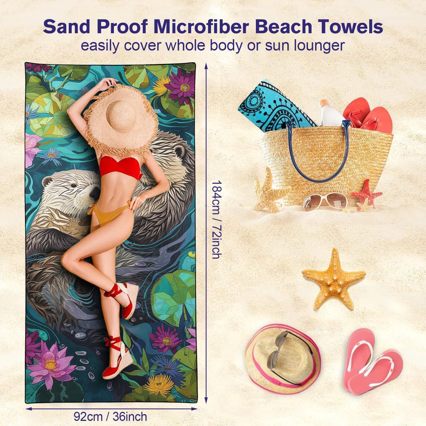 YISUMEI Lovely Otters Beach Towels for Adults Extra Large 180 x 90 cm, Microfibre Quick Dry Towel for Travel Swimming Camping Sports