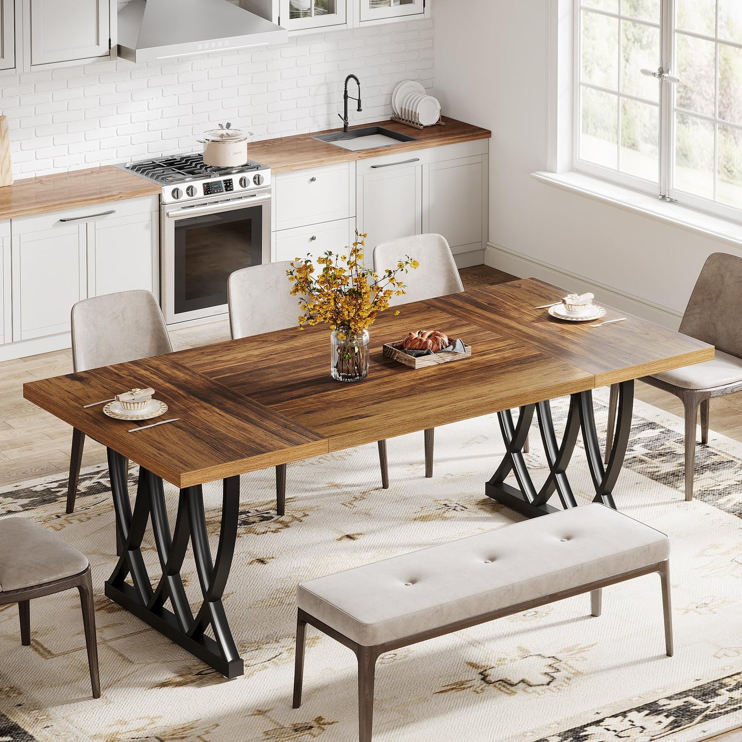 Tribesigns Dining Table for 6-8 People, 70.86-Inch Rectangle Wood Kitchen Table, Dinner Table with Heavy Duty Metal Frame for Kitchen, Living Room