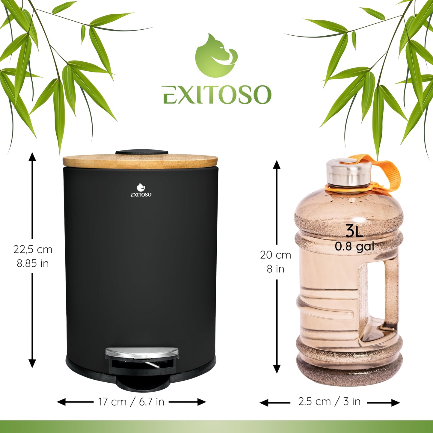 Exitoso 3L Small Bathroom Bin with Lid - Slim Bedroom Bin with Lid - Small Pedal Bin - Small Bin for Bedroom Black Bathroom Bin