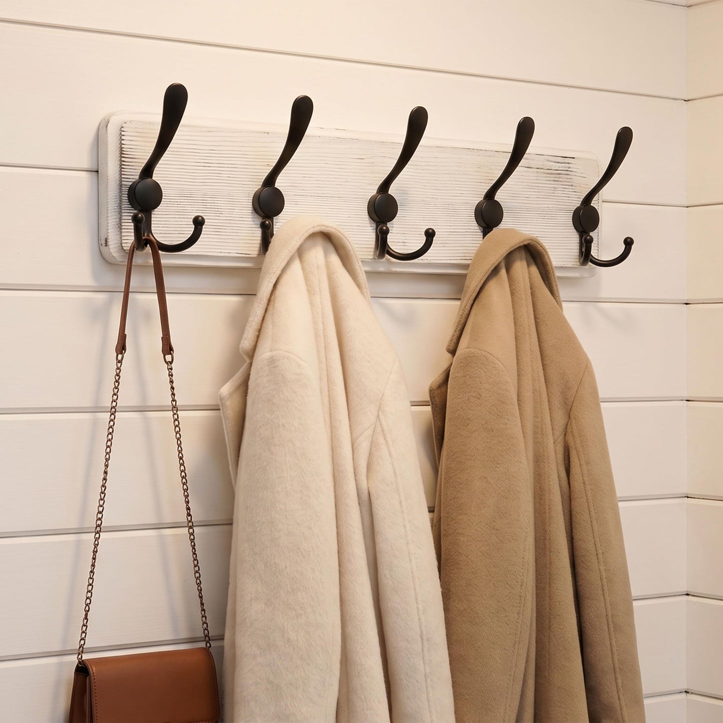 WEBI Coat Rack Wall Mounted,Wood Coat Hooks Wall Mount,16" Hole to Hole,Coat Hanger Wall,Hook Rack Rail,5 Triple Hooks for Hanging