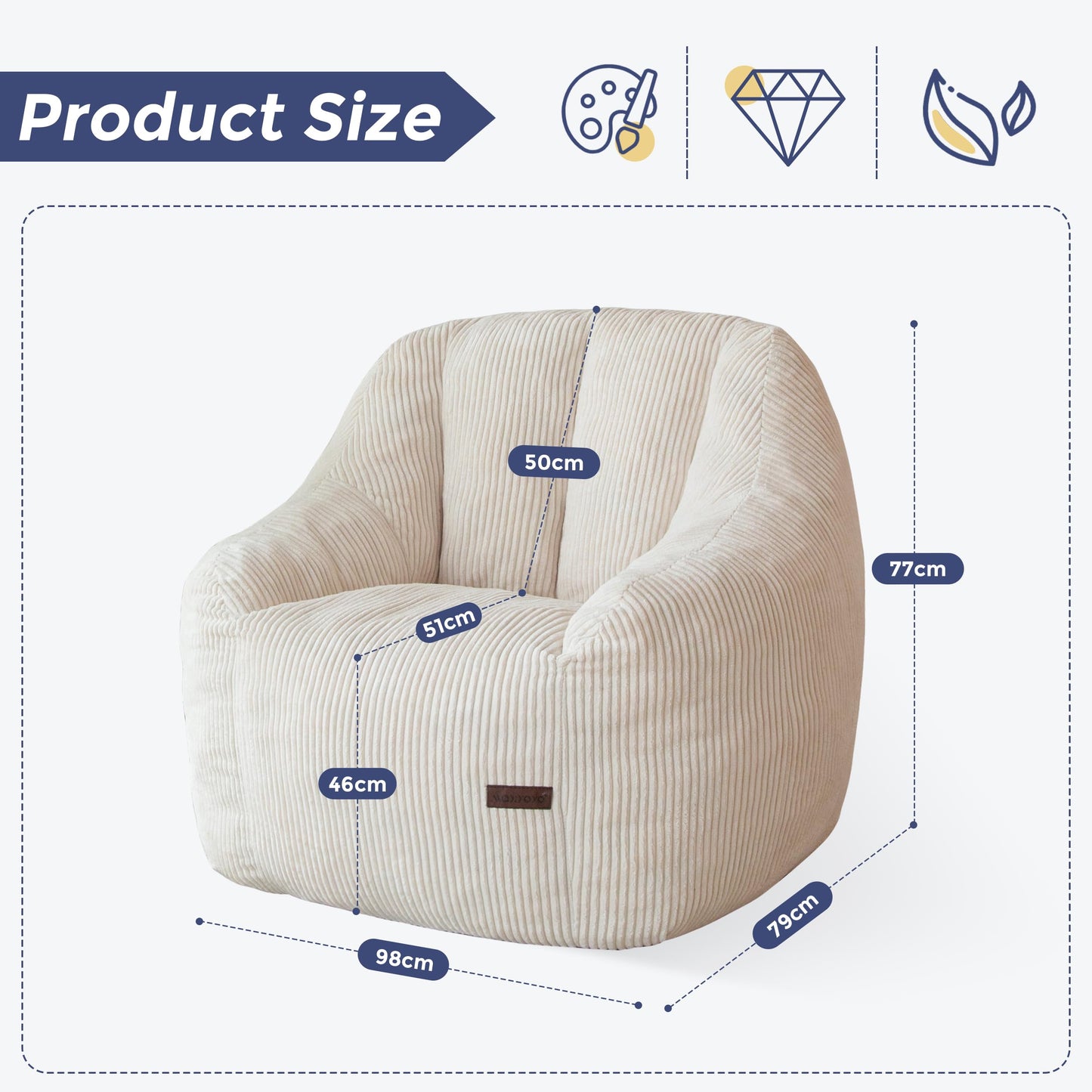 MAXYOYO Bean Bag Chair for Adults or Children, Soft Floor Single with Filling, Comfy Bean Bag Sofa with Back Support, Accent Chair