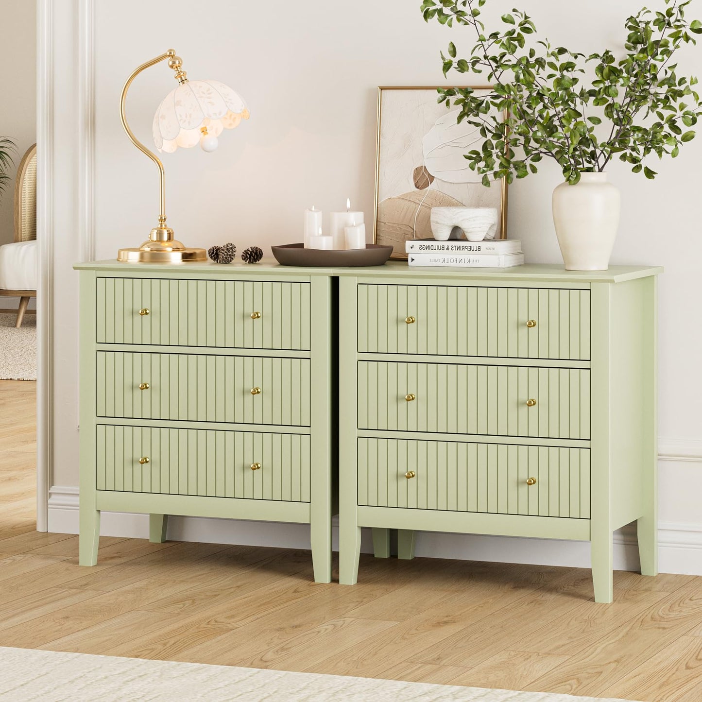 Apetaccat Large Bedside Table Bedroom, 3 Drawer Chest of Drawers, Bedside Cabinet With Metal Handles,for Bedroom Livingroom,Hallway,Green