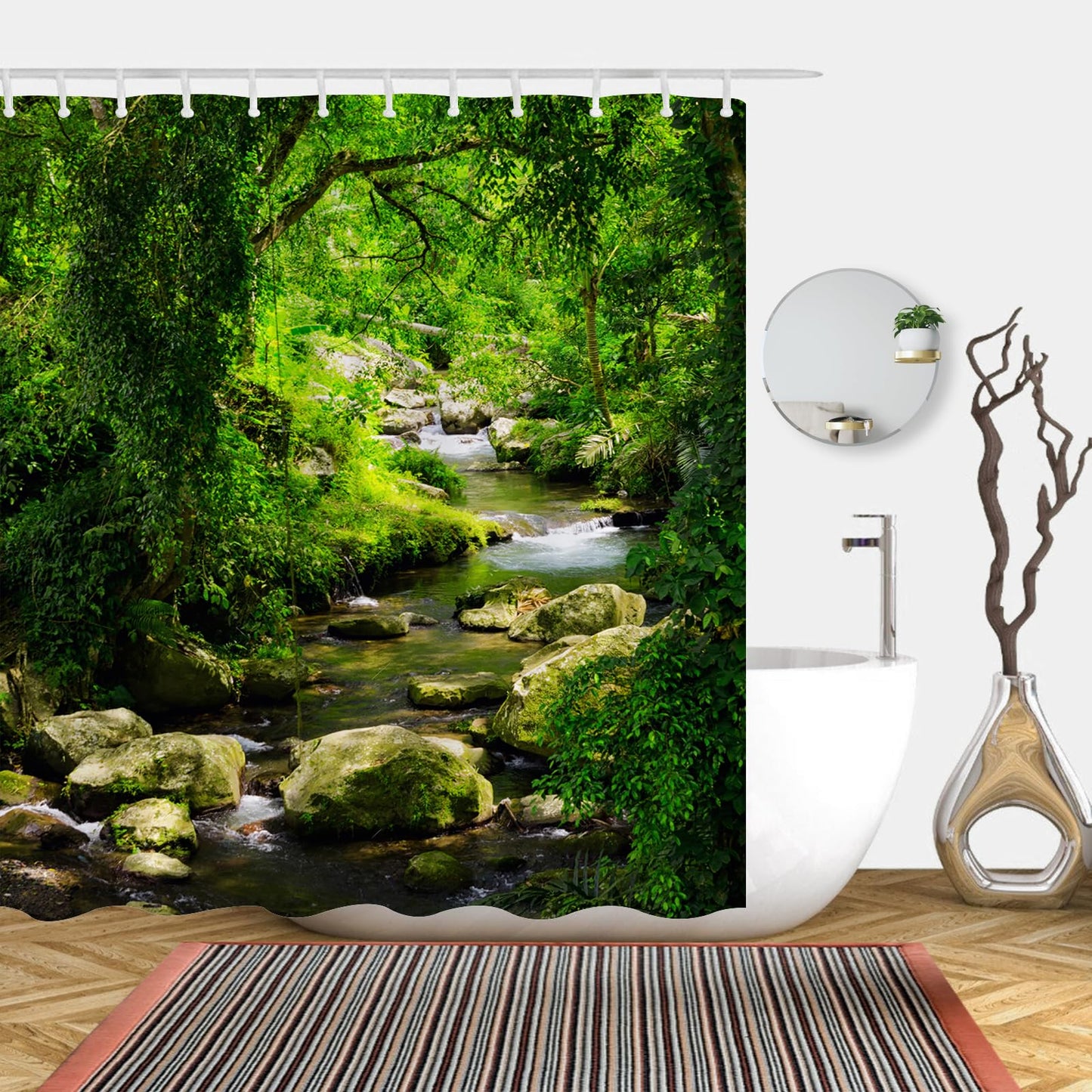 Simpomsy Plants Shower Curtain Green Nature Forest Jungle Tropical Rainforest Summer Landscape Scenery, 3D Digital Painting Pattern For Shower Stall