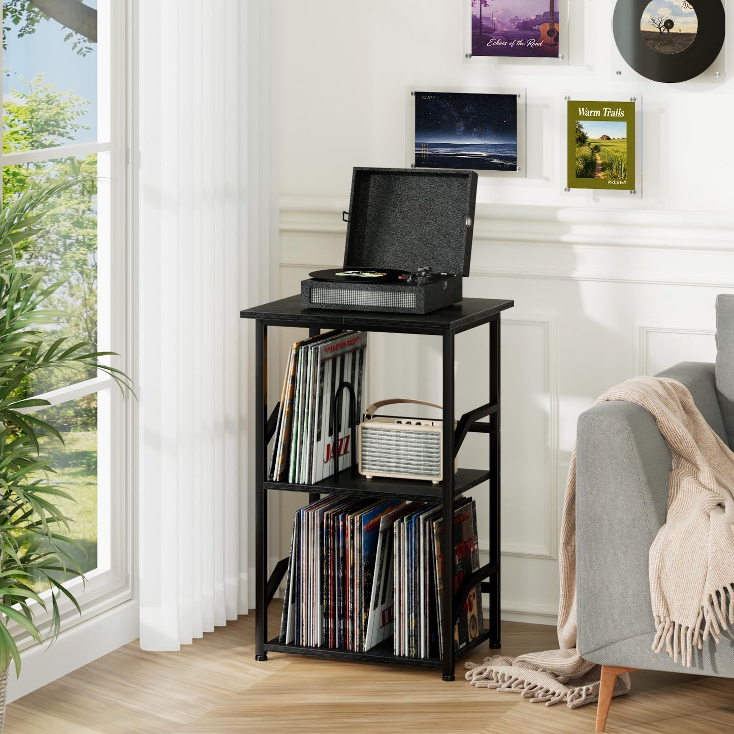 LOAKEKEL Record Player Stand, Vinyl Record Storage with Extra-Large Desktop