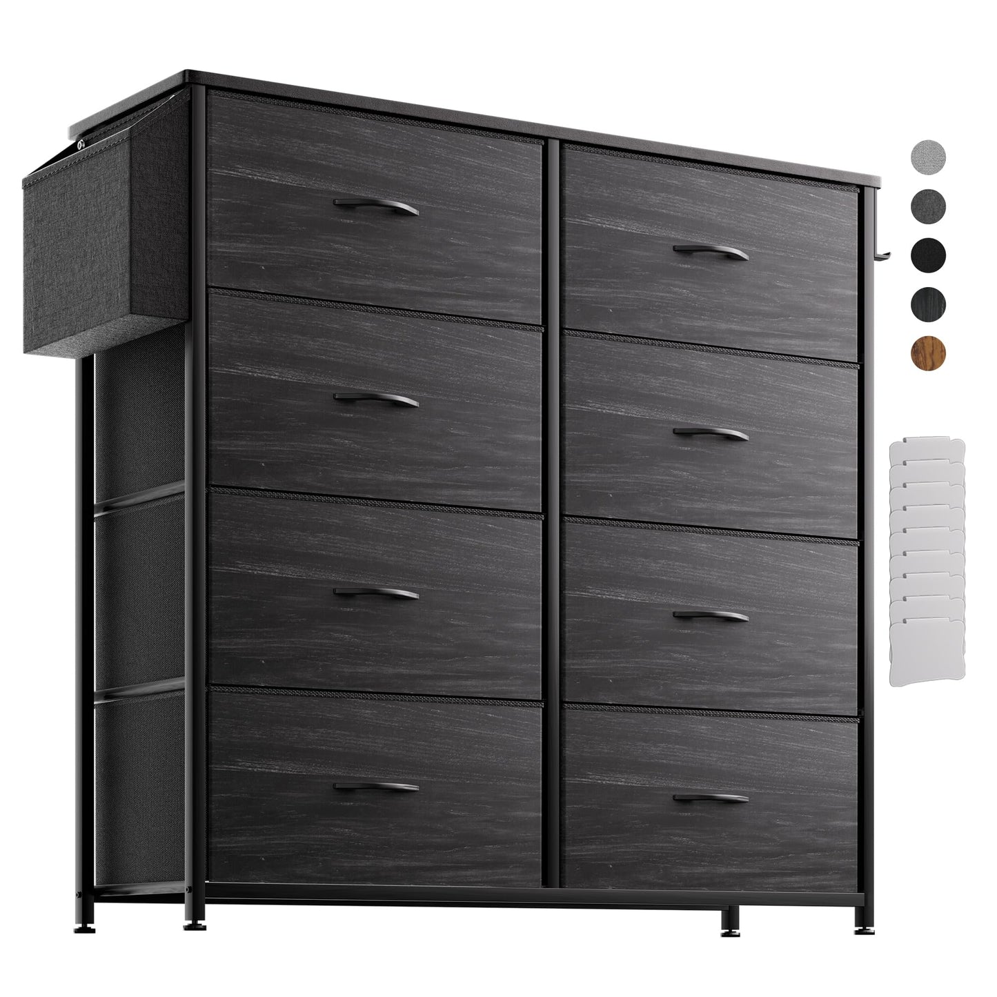 PURFINO Fabric Chest of Drawers - Canvas Storage Unit with 8 Large Drawers, Label Cards, Side Pocket & Hook for Living Room, Hallway, Bedroom