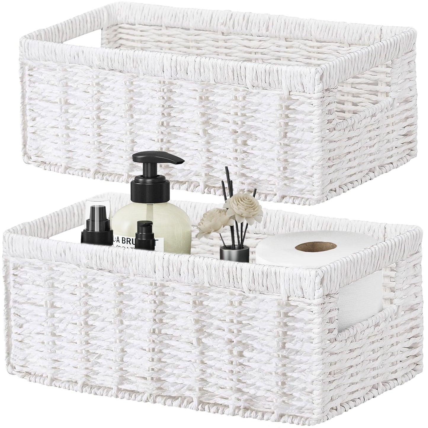 Vagusicc Wicker Storage Basket, Set of 2 Handwoven Storage Baskets for Shelves, Organiser Storage Basket with Handles, Toilet Paper Basket