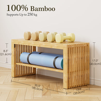 HEYZOEY Bamboo Hallway Bench with Shelf, Wooden Dining Bench, 35×13×17 in