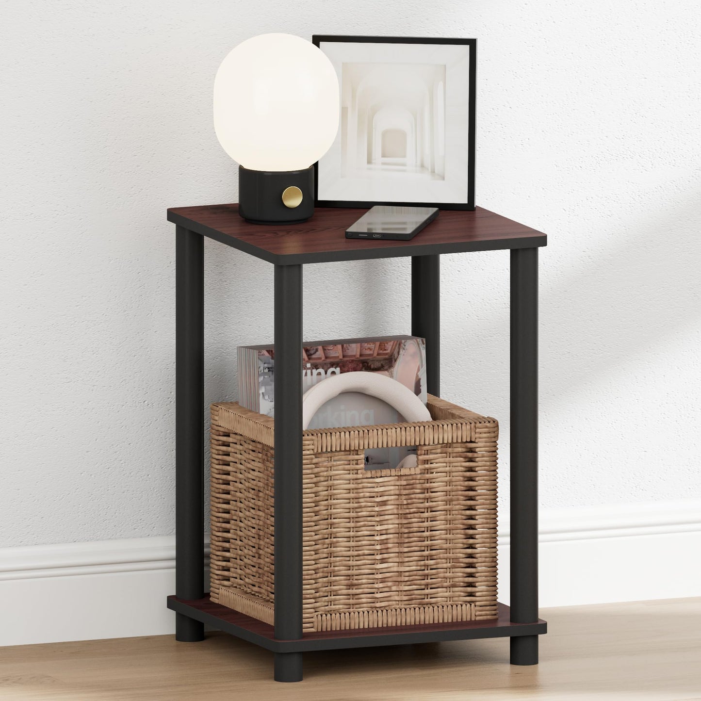 Furinno TURN-N-TUBE Night Stand, 2-Tier Open Shelf Design Nightstand, Toolless Square Bedside Table, End Table, Side Table, for Bedroom, Closet