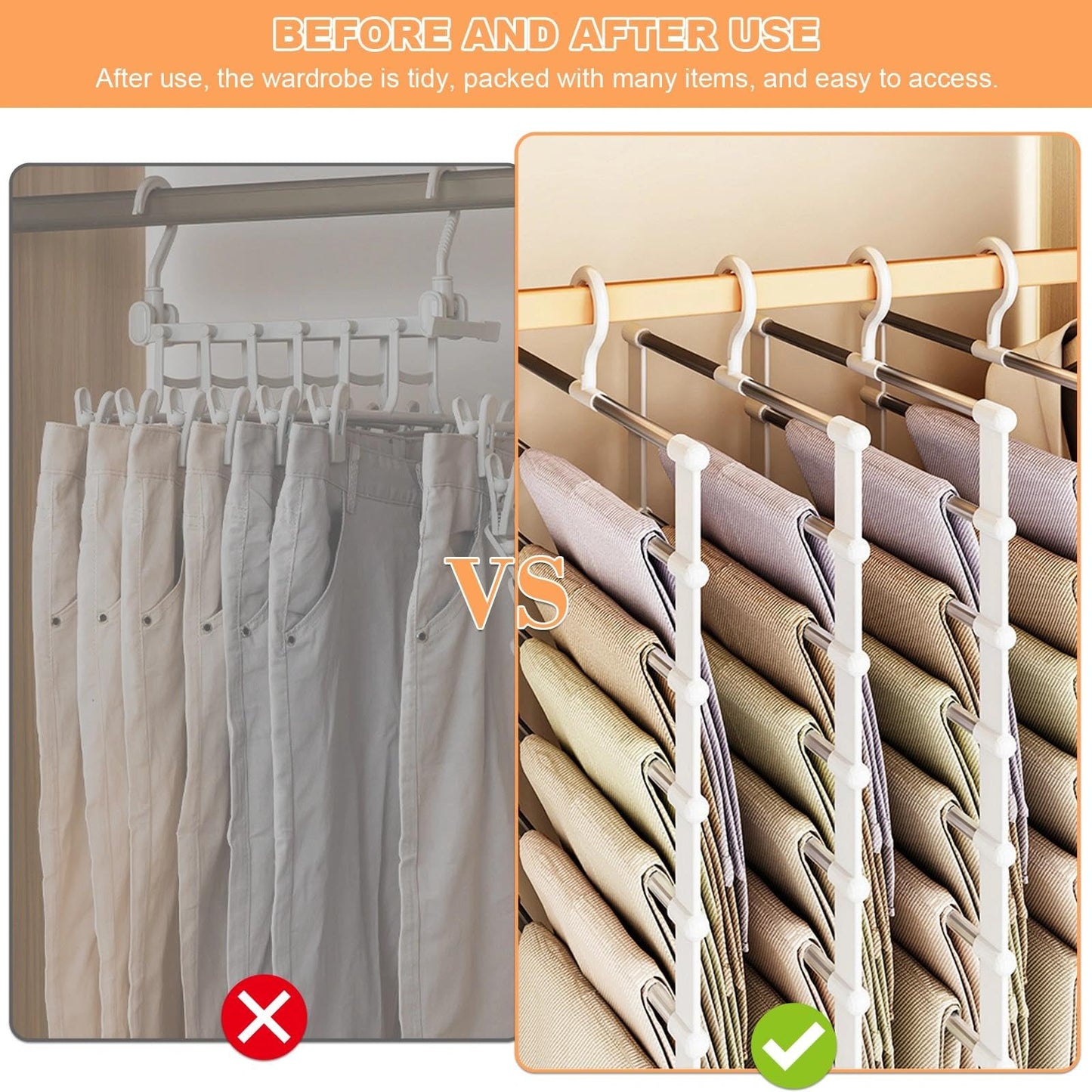 Trouser Hangers Space Saving for Wardrobe, 2 Pcs Smart Non-Slip Multifunctional Closet Organizer for Trousers Jeans Skirts Scarves Towels