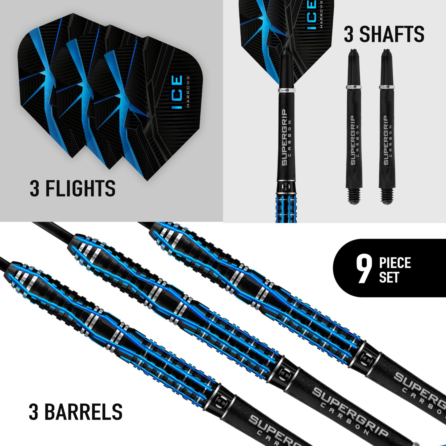 Harrows Ice Recut 90% Tungsten Steel Tip Darts Set 21g, 22g, 23g & 24g - Includes Silver Supergrip Carbon Midi Shafts & New 100 Micron ICE Flights