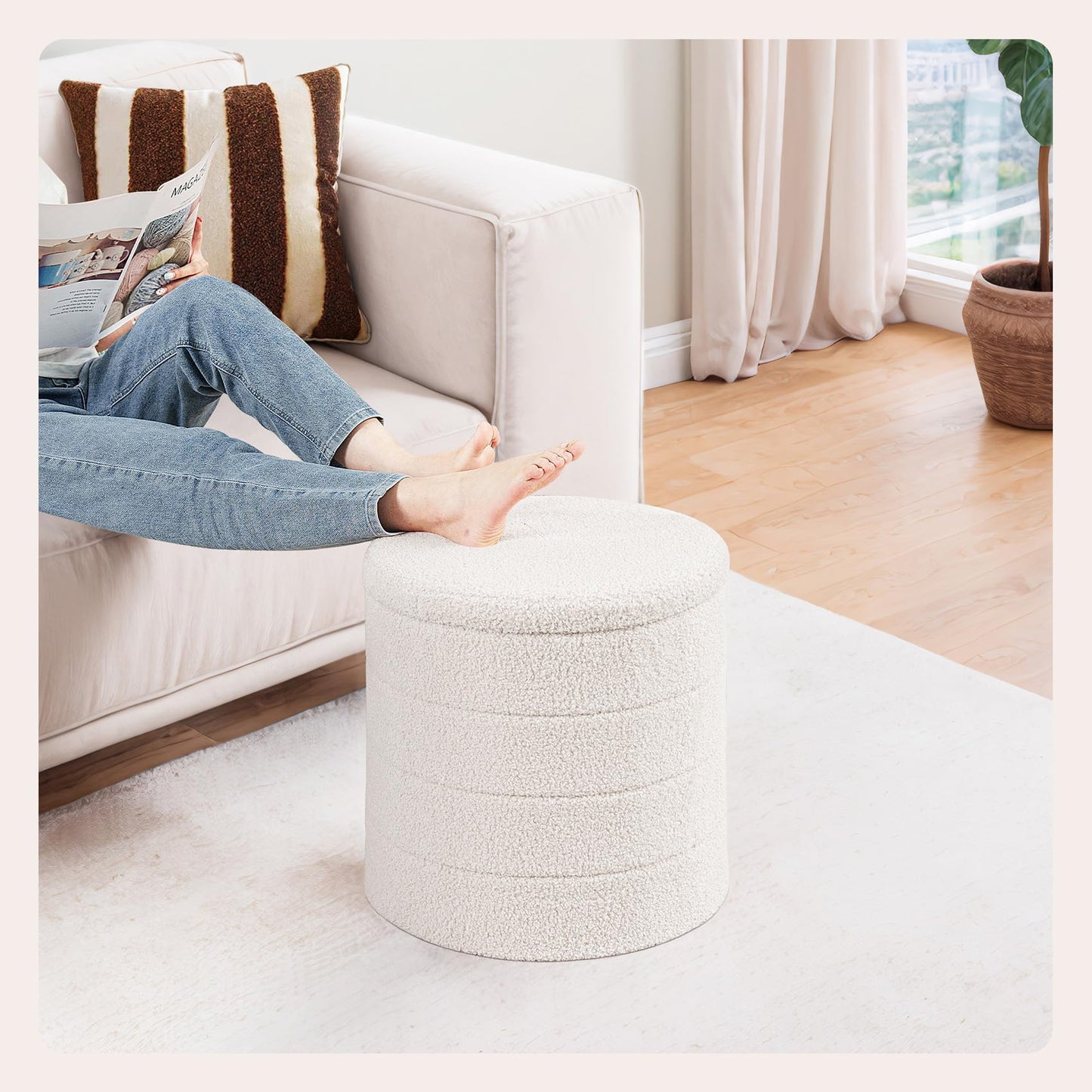 PINPLUS Round Ottoman Storage, Convertible Table, Cream White, 43x43x45 cm