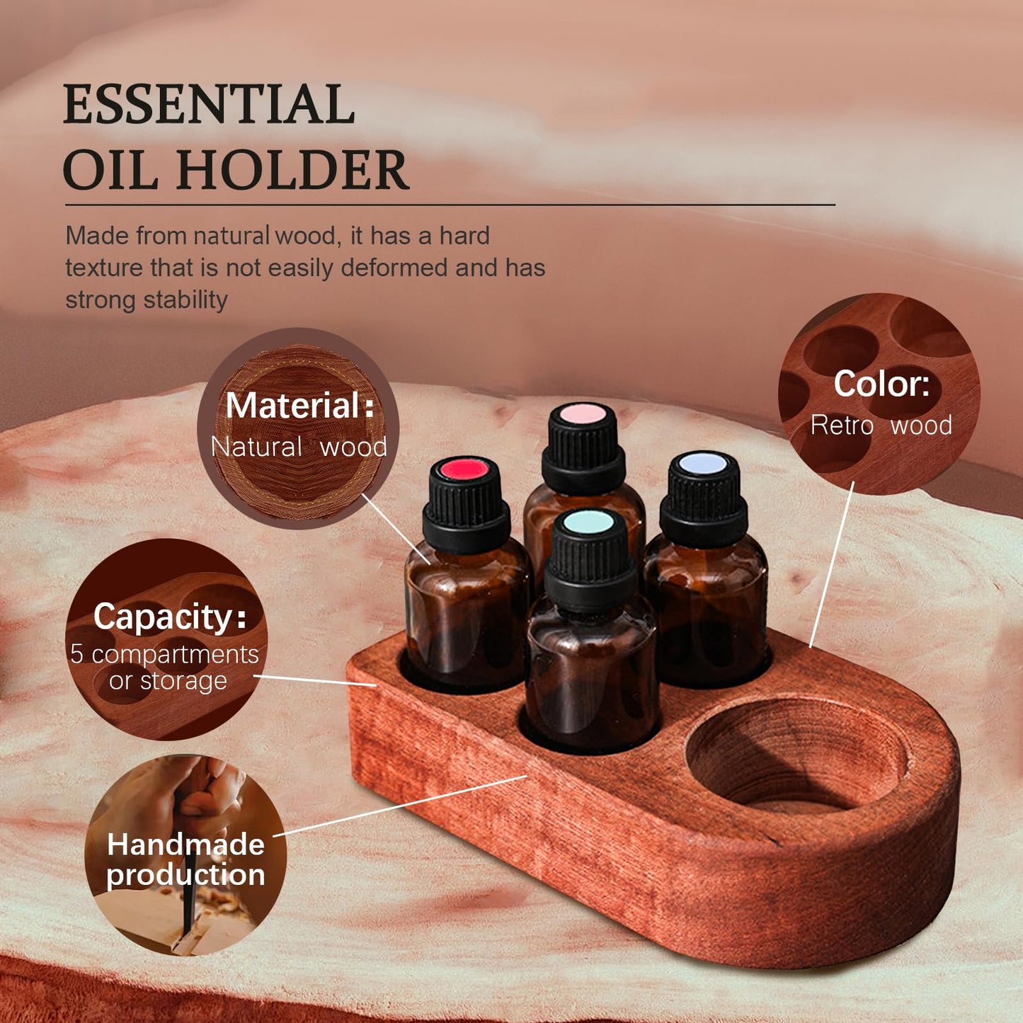 Wisnewth Wooden Essential Oil Holder with 5 Holes (4cmx4 & 6cmx1), Retro Desktop Display Rack for Bathroom Vanity Desk Organizer