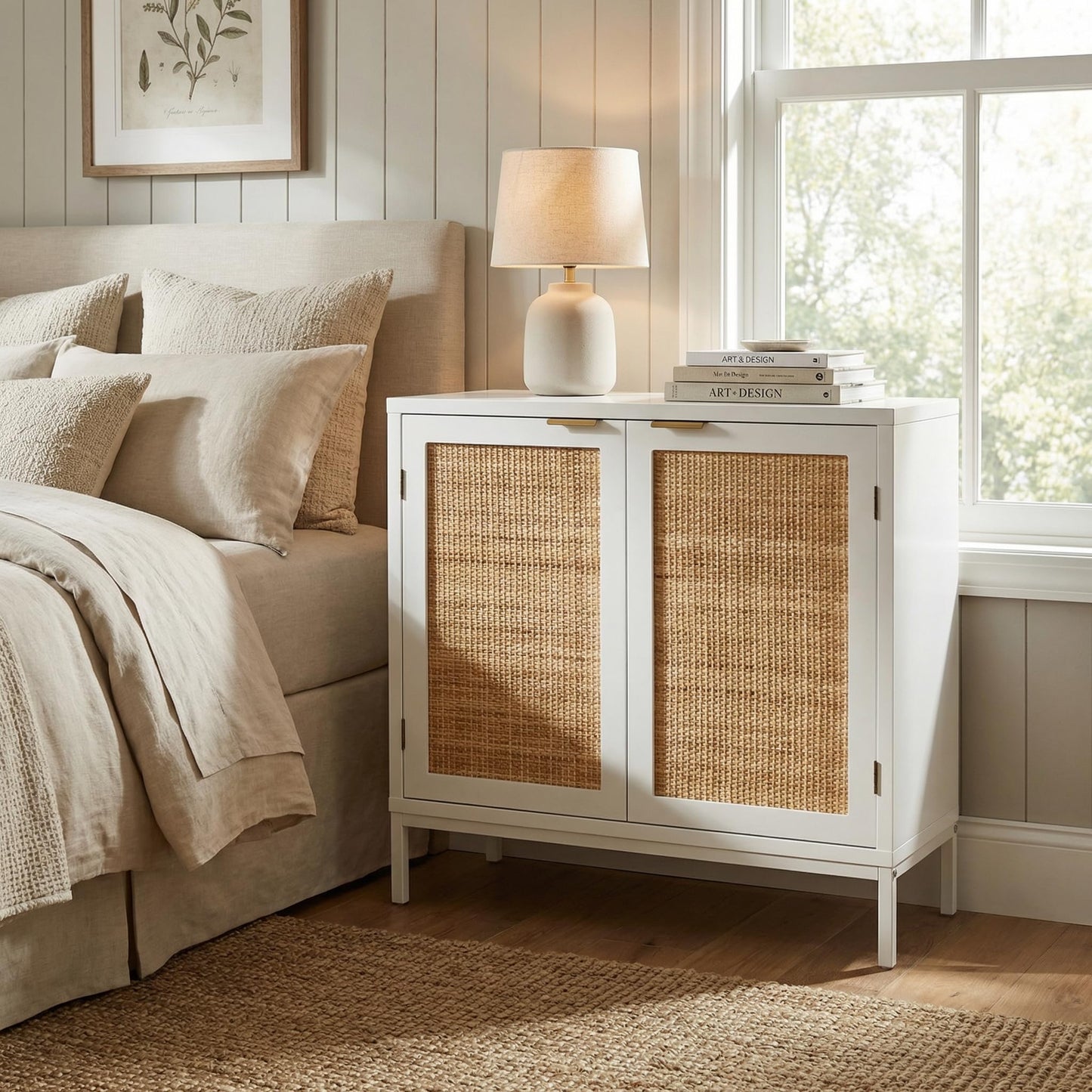 Yvsevnr White Rattan Buffet Cabinet, Sideboard and Tv Cabinet, Accent Cabinet with Magnetic Closure, Metal Legs, Anti-tipping