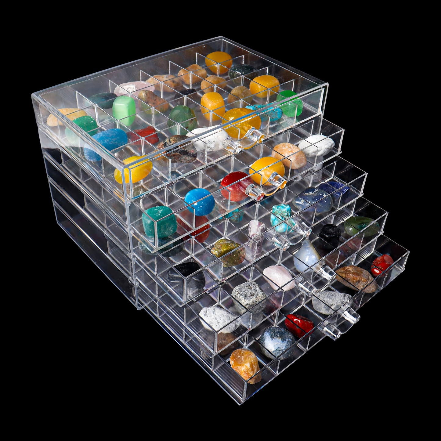 Dmnnlp Small Rock Display Case, 5 Drawers 120 Grids(3x3cm), Clear Acrylic Rock Collection Box