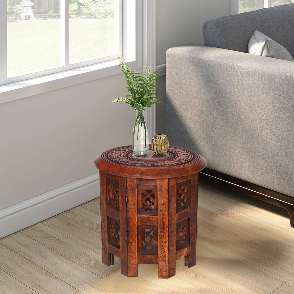 topfurnishing Beautiful Round Hand Carved Indian Shesham Wooden Coffee Table Side Mahogany,Small 12"x12"x12" 30.5cm