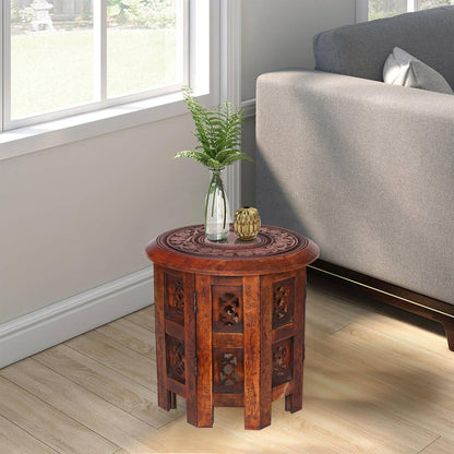 topfurnishing Beautiful Round Hand Carved Indian Shesham Wooden Coffee Table Side Mahogany,Small 12"x12"x12" 30.5cm