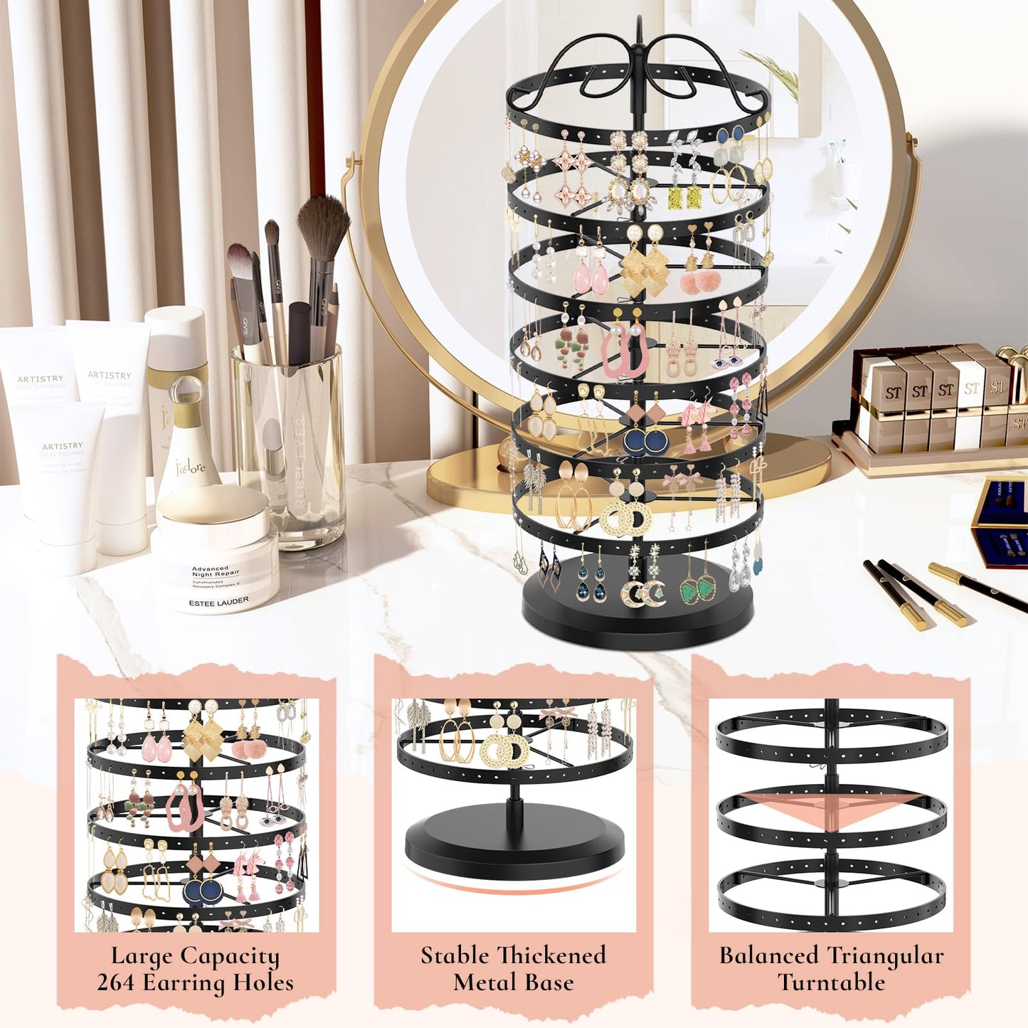 iDavosic.ly 6 Tier Metal Rotating Earring Holder Organizer, 264 Holes Earring Storage Display Tower Rack, Adjustable Earring Tree Organizer for Women