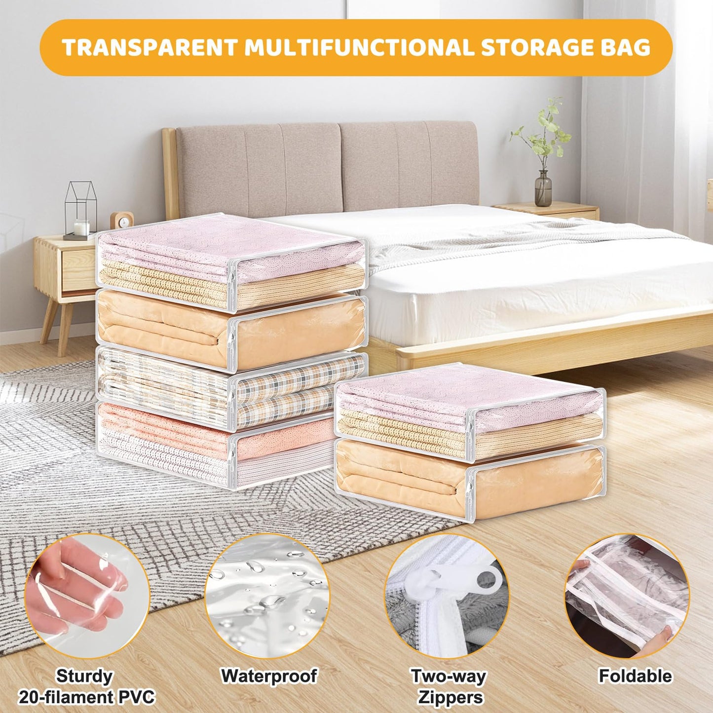 6 Pack Clear Storage Bags with Zips, 14L Foldable Clothes Storage Bags for Loft Wardrobe Closet Wardrobe Storage Organizer for Quilt Clothes Sweater