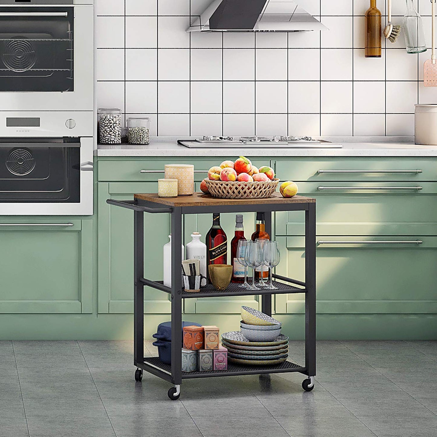 Meerveil Kitchen Trolley on Wheels, 3 Tier Serving Rolling Cart with Towel Rack and Storage Shelves