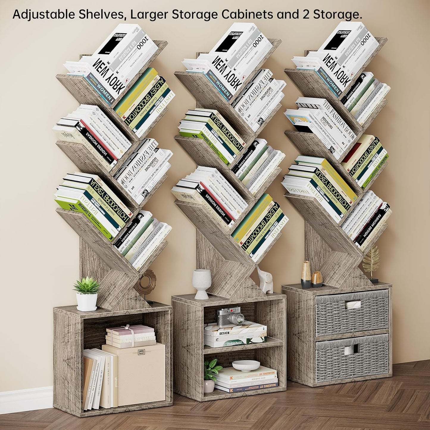 Vagusicc 6 Tier Tree Bookshelf, Modern Floor Standing Bookcase with Storage Drawer, Space Saving Storage Organizer Book Shelves for Books