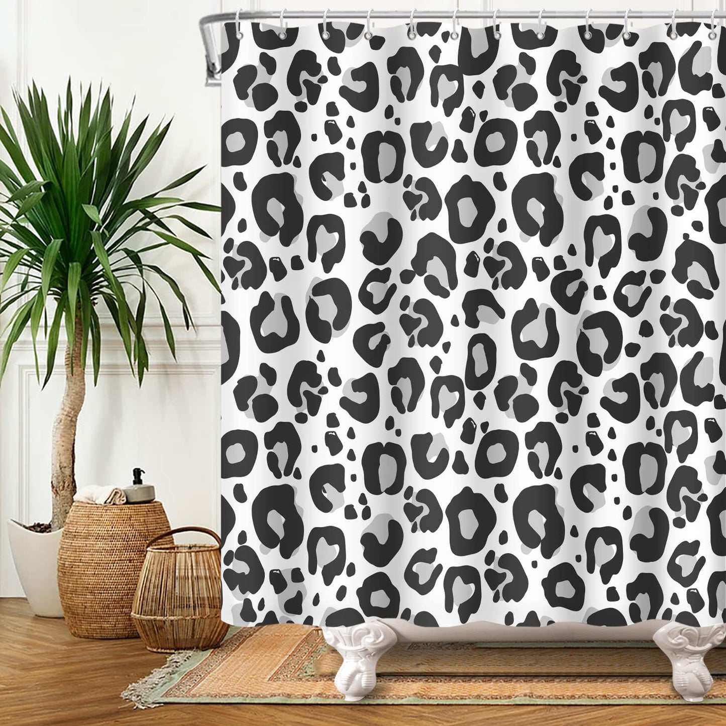Bovlleetd 60x72inch Black and White Shower Curtain Leopard Print Pattern Black White Bath Shower Curtain Polyester Waterproof Bathroom Set with Hook