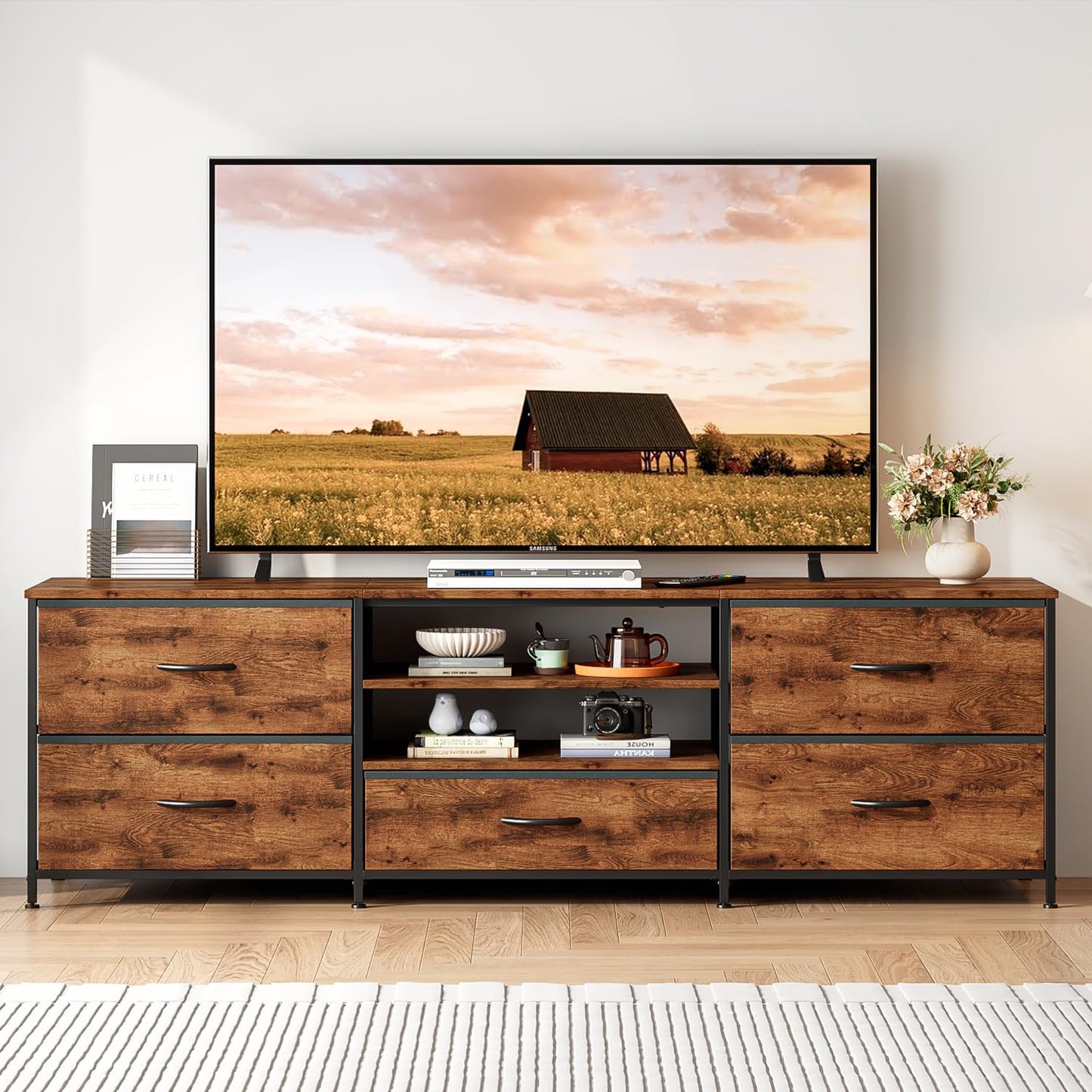 Forthcan TV Stand Cabinet, TV Unit with 5 Drawers, 140 cm, Brown