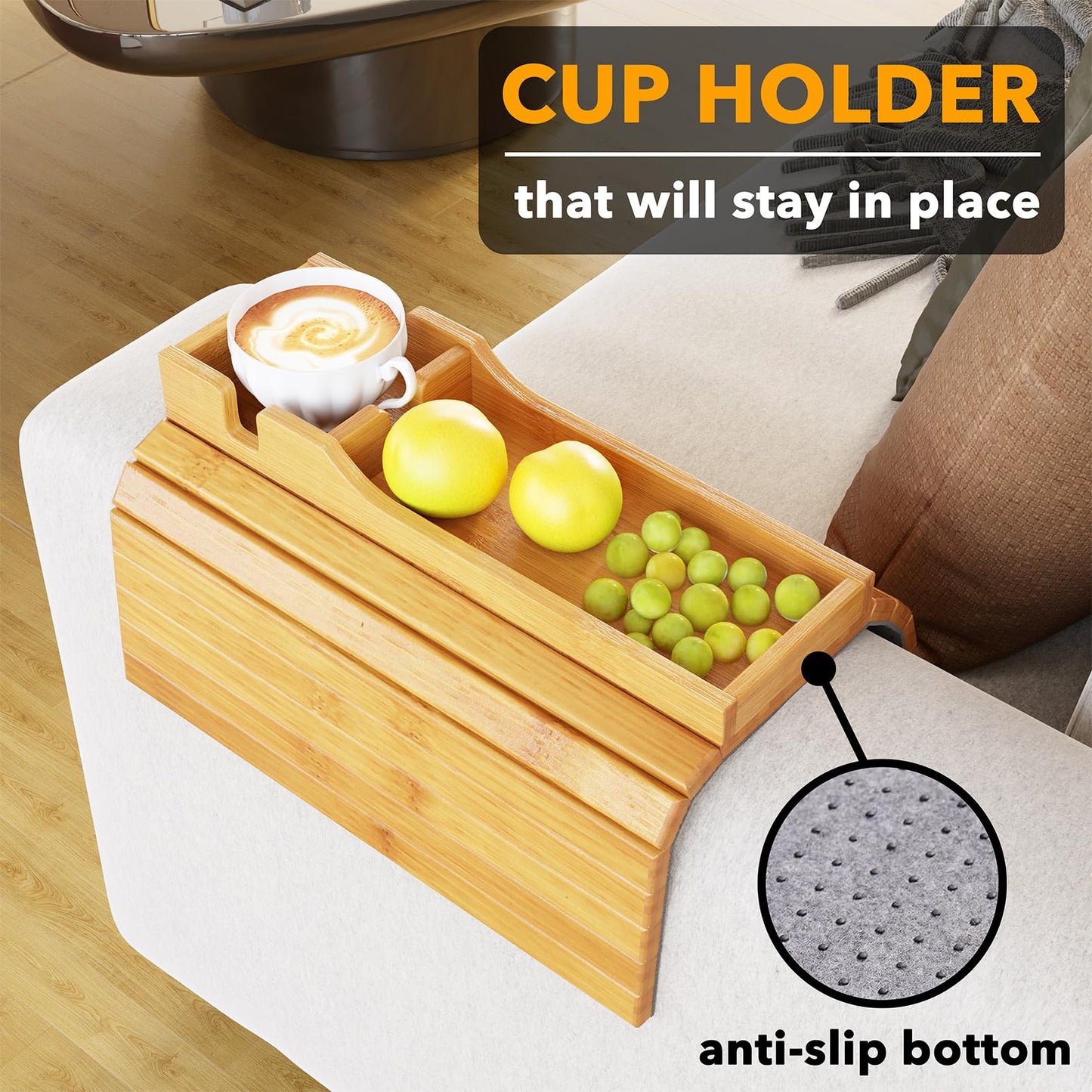 SpaceAid Bamboo Couch Cup Holder, Anti Falling Foldable Sofa Armrest Tray with Cup Holder, Couch Arm Side Table Organizer for Drink Cup Remote Snacks