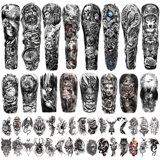 46 Full Arm Waterproof Temporary Tattoos For Men(L22.8?xW7?), Tiger Clock Flower Skeleton Animals Fake Tattoos for Adult Men and Women, Hand Forearm