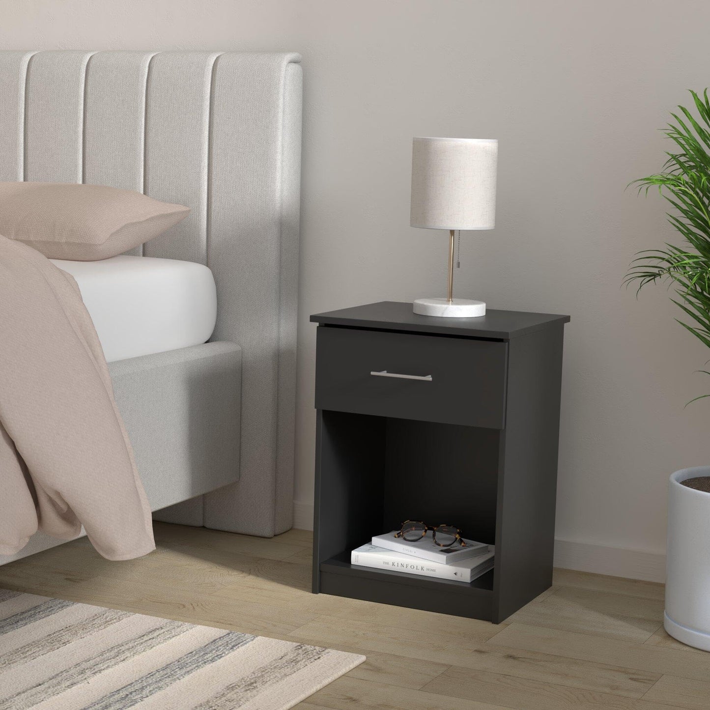 Furinno TIDUR Night Stand Set of 2, Nightstand with Drawer, Bedside Table, End Table, Side Table with Storage Shelf, Bar Handle Drawer, for Bedroom