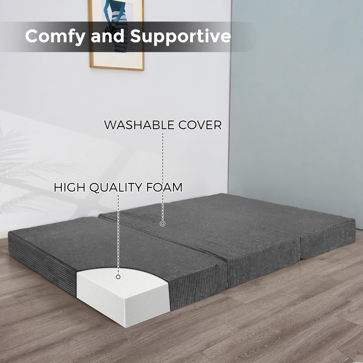 MAXYOYO Folding Corduroy Mattress, Tri Fold Floor Mattress 15cm thick with Washable Cover,Foldable in Three,Space-Saving for Guest (Charcoal, Single)